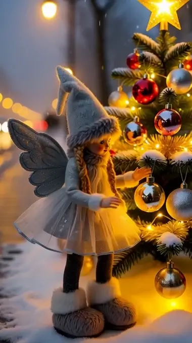 girl in a christmas tree decoration store