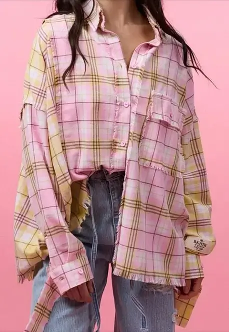 women flannel shirt with pink check front