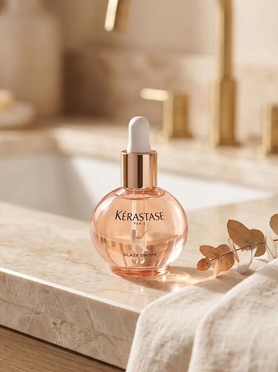 A bottle of aromatic oil stands near a granite sink