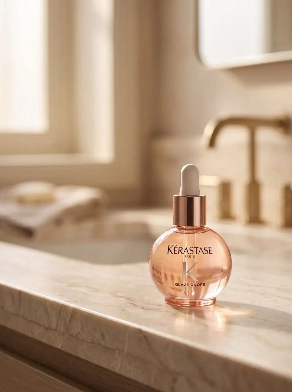 A bottle of aromatic oil stands on a granite sink near the window