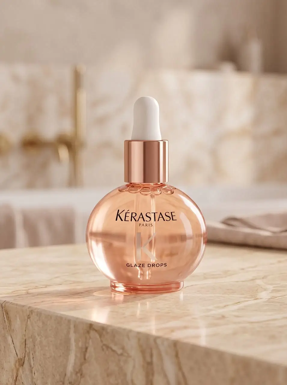 a bottle of aromatic oil stands on a granite sink